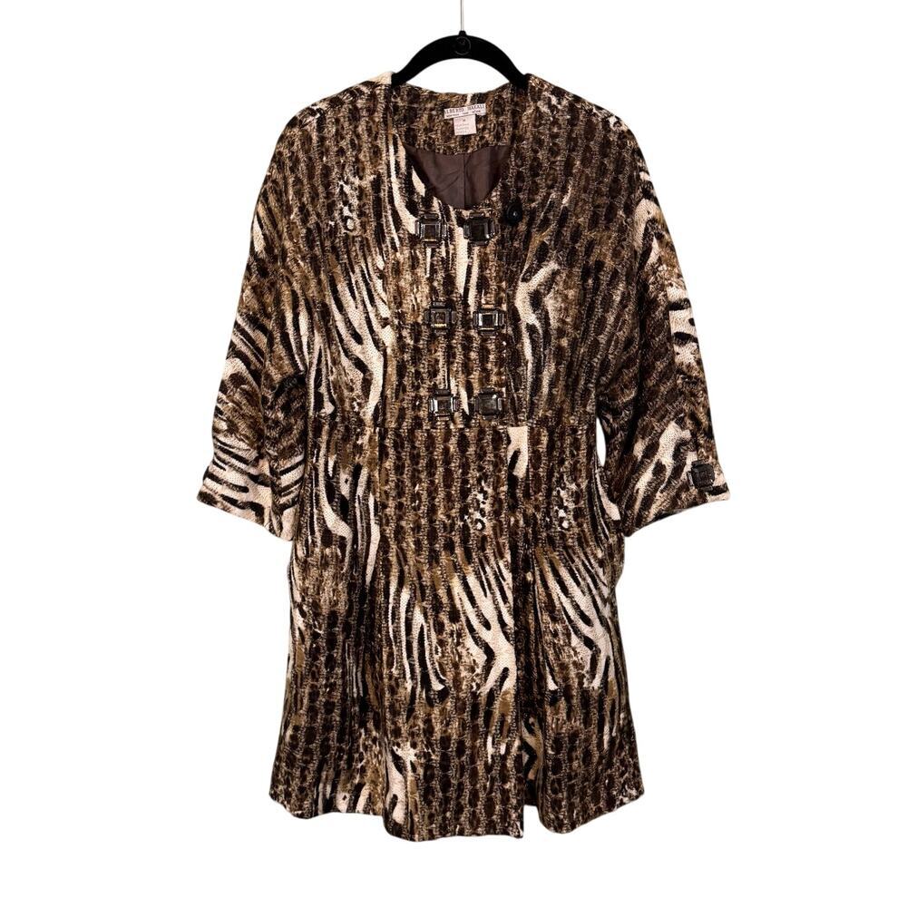 Alberto Makali Dress Womens M Brown Tan Animal Print Beaded Evening Trench Coat
